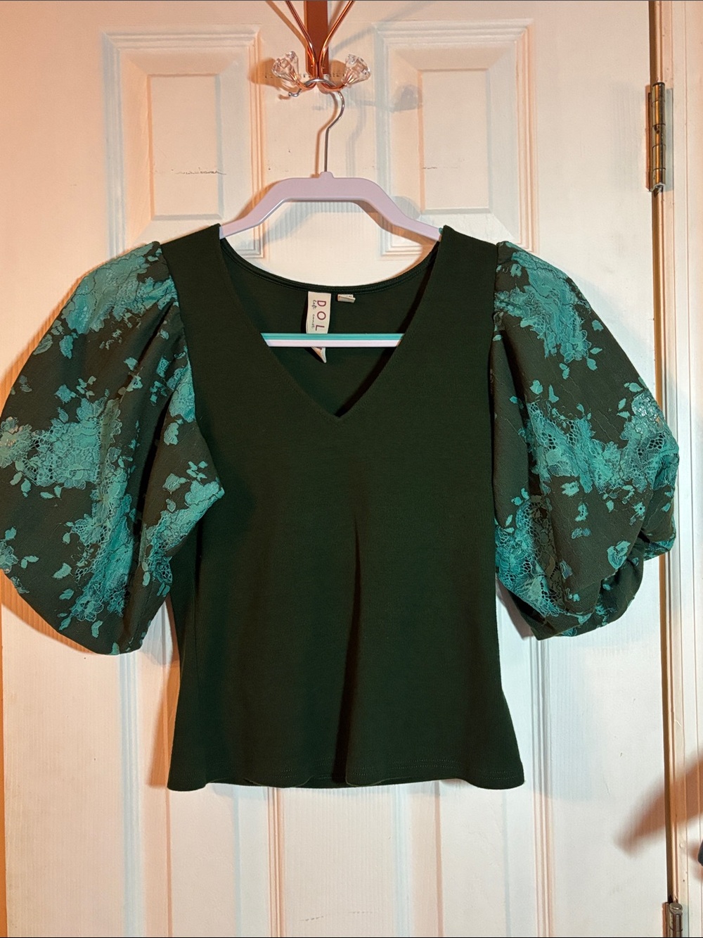 Anthropologie Dark Green V-Neck Top with Teal Floral Puff Sleeves